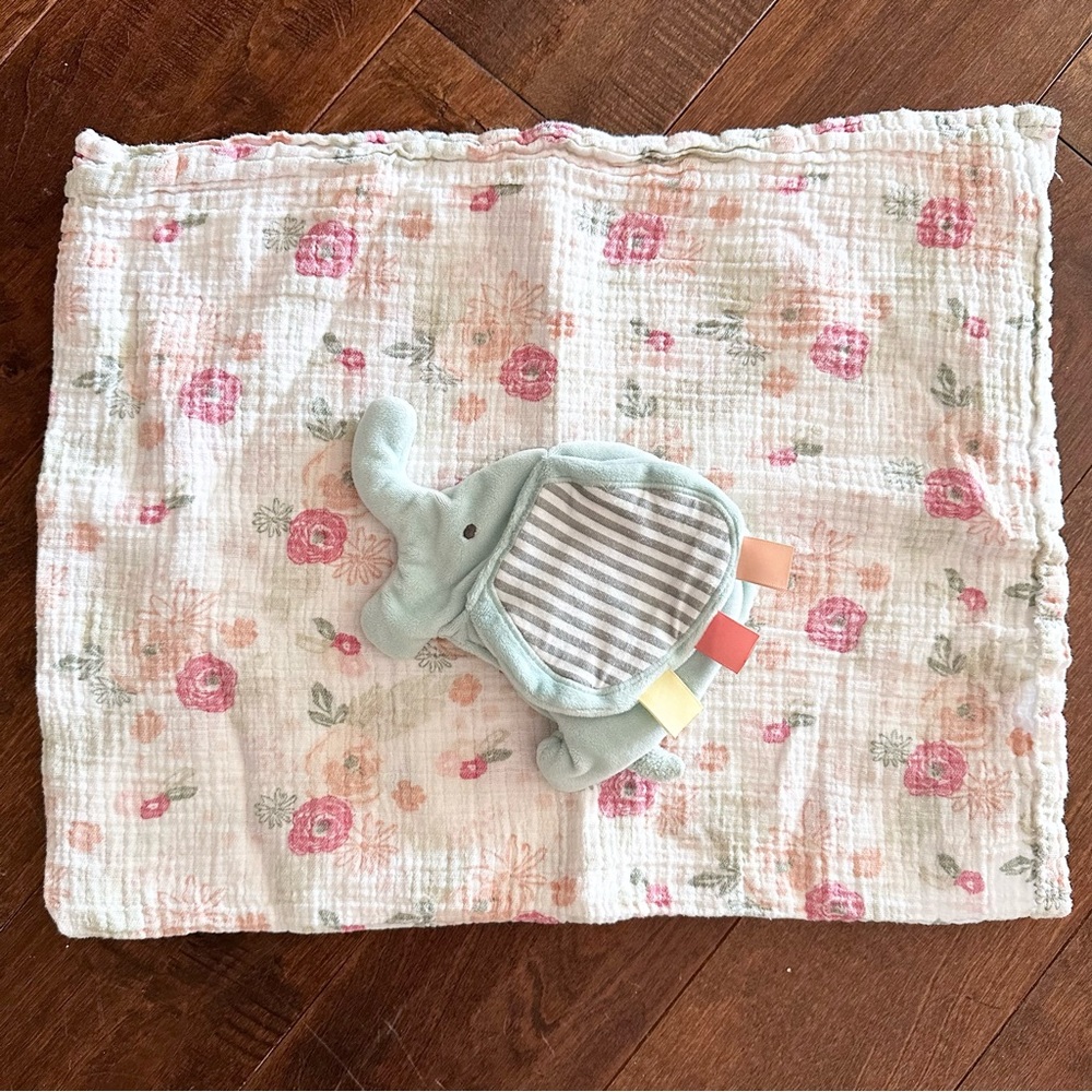 Baby Floral Swaddle Blanket with Teal Elephant Crinkle Baby Activity Toy